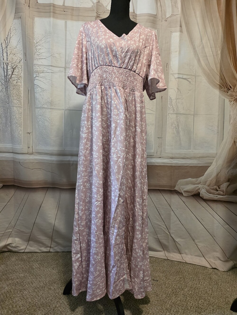 Women's Pink Floral Maxi Dress with Smocked Waist